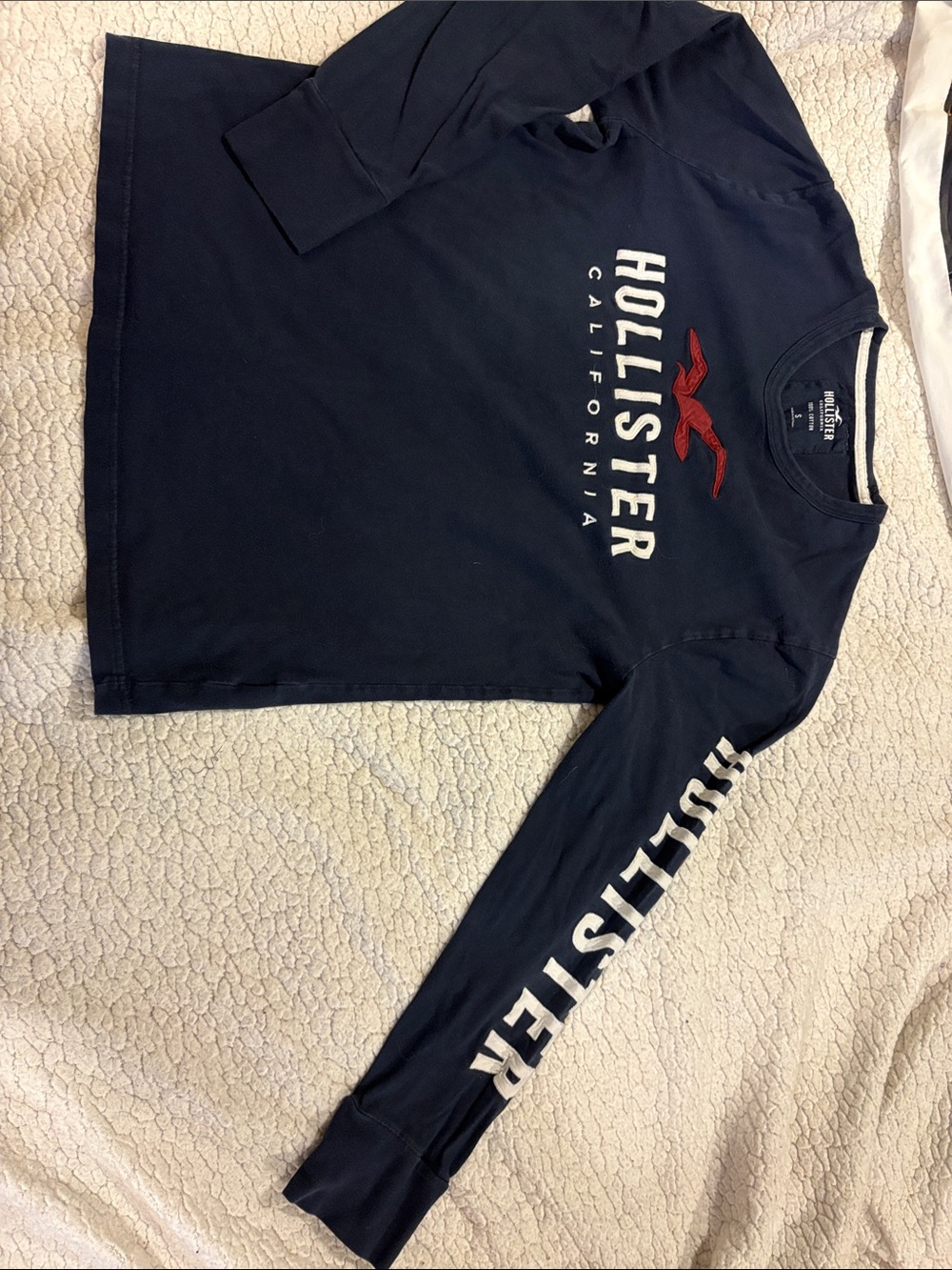 Hollister Navy Long-Sleeve Logo Tee with Red Seagull